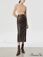 Faux Leather Ruched Trendy Slit Midi Skirt