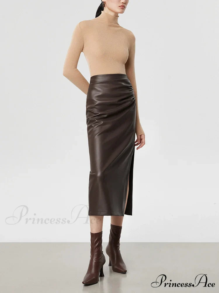 Faux Leather Ruched Trendy Slit Midi Skirt