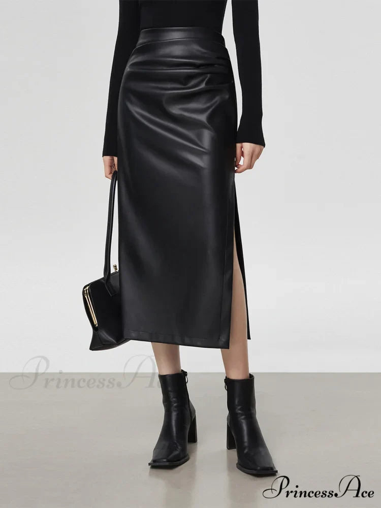 Faux Leather Ruched Trendy Slit Midi Skirt