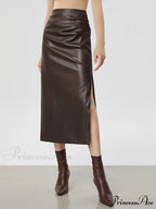 Faux Leather Ruched Trendy Slit Midi Skirt