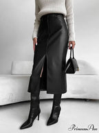 Faux Leeather Graceful Slit Midi Skirt