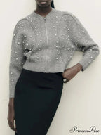 Faux Pearl Zip Knit Cardigan