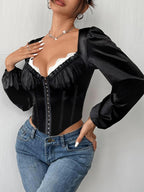 Vintage Lace and Mesh Corset Long Sleeve Blouse