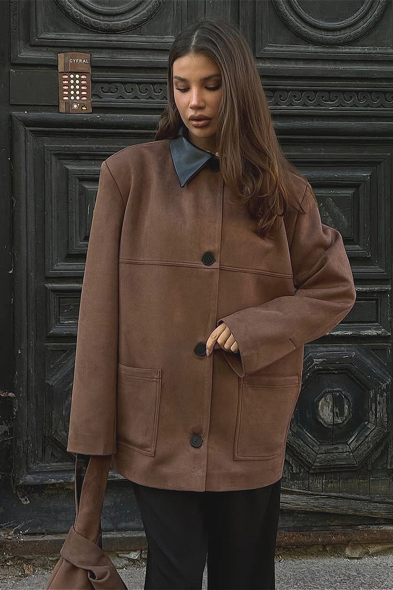 Vintage Suede Collar Contrast  Jacket