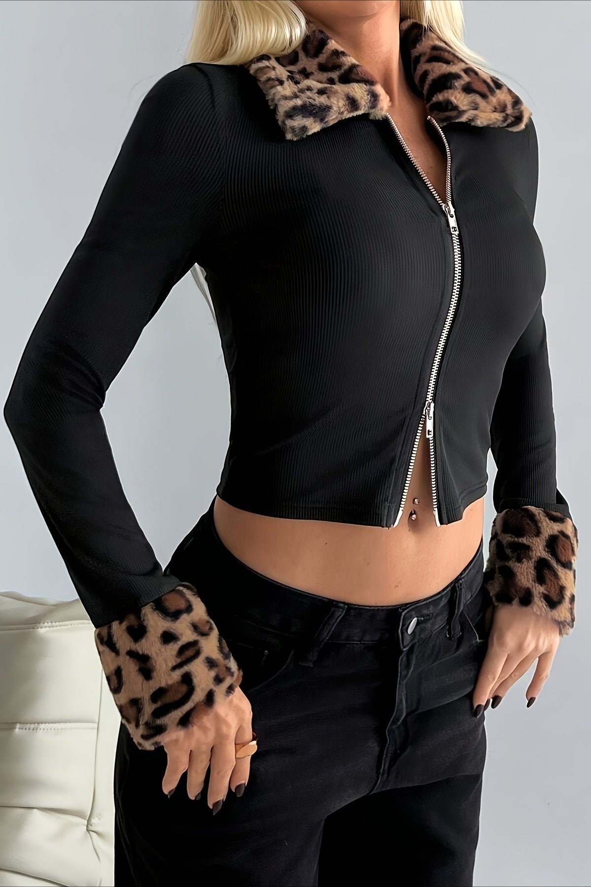 Fur Collar Leopard Print Double Zipper Knit Coat