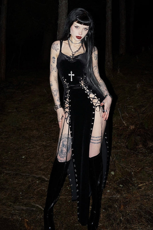 Dark Gothic Lace-Up Cutout Slit Strappy Maxi Dress