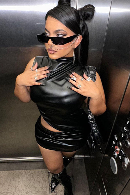 Black PU High Collar Sleeveless Ruched Skirt Two Pieces Set