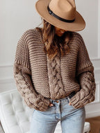 Casual Solid Color V-neck Cable Knit Sweater