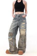 Camouflage Patchwork Distressed Wide Jeans