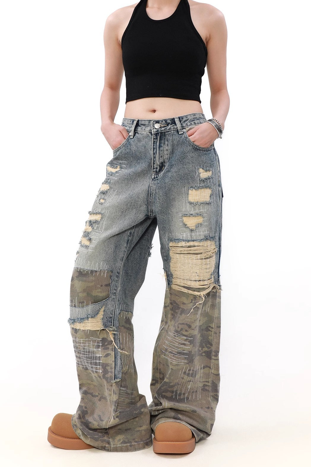 Camouflage Patchwork Distressed Wide Jeans