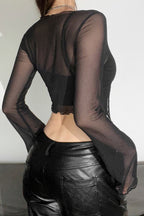 Slim Fit Irregular Mesh Overlay Knit Top