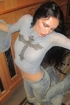 Mesh Panel Gold Print T-shirt