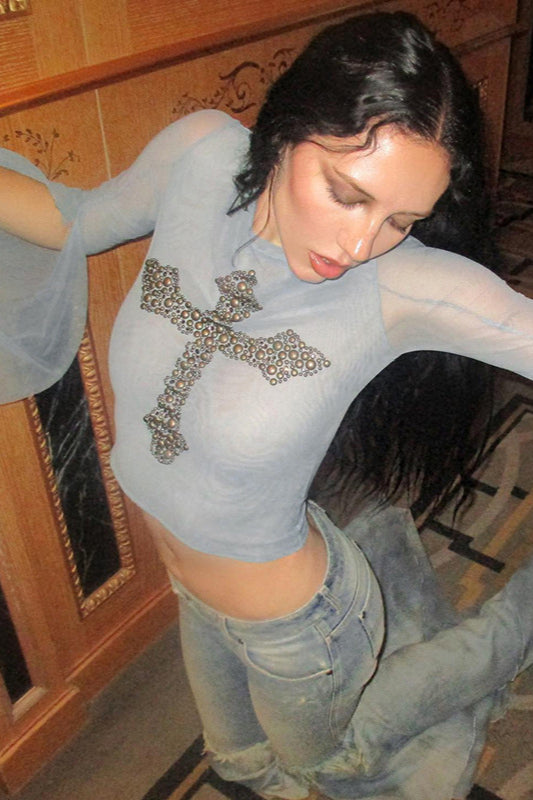 Mesh Panel Gold Print T-shirt