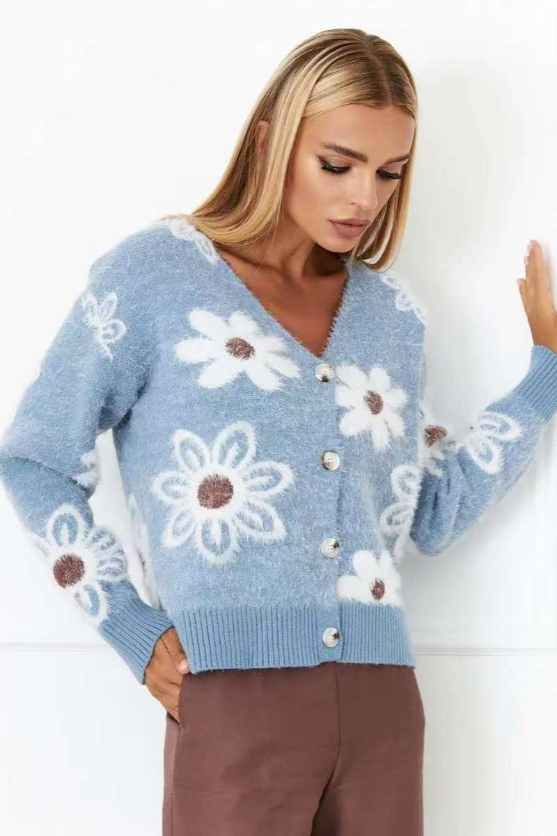 Floral V-Neck Knit Long Sleeves Cardigan