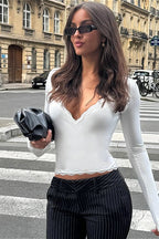 Vintage Lace Trim V-Neck Slim Fit Long Sleeve Blouse