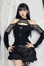 Mesh Patchwork Off Shoulder T-Shirt