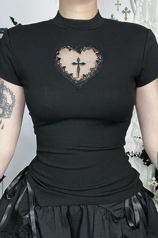 Gothic Cutout Cross Mock Neck T-Shirt