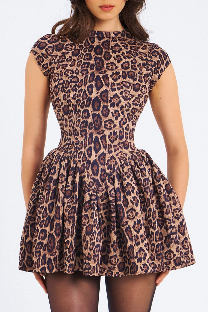 Leopard Print Pleated Backless Bodycon Mini Dress