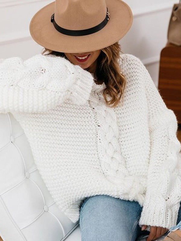 Casual Solid Color V-neck Cable Knit Sweater