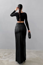 Khaki PU Leather High Waist Split Midi Skirt