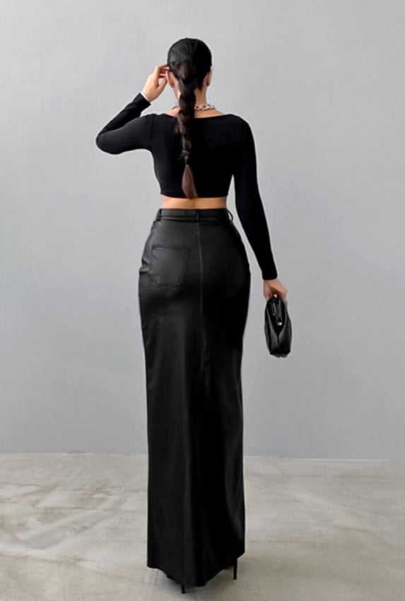 Khaki PU Leather High Waist Split Midi Skirt
