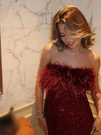 Feather Collar Glitter Maxi Party Dress