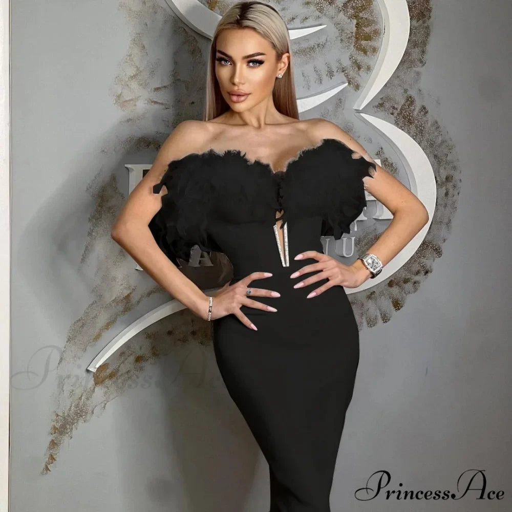 Feather Off-Shoulder Midi Party Dress