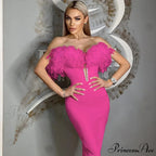 Feather Off-Shoulder Midi Party Dress