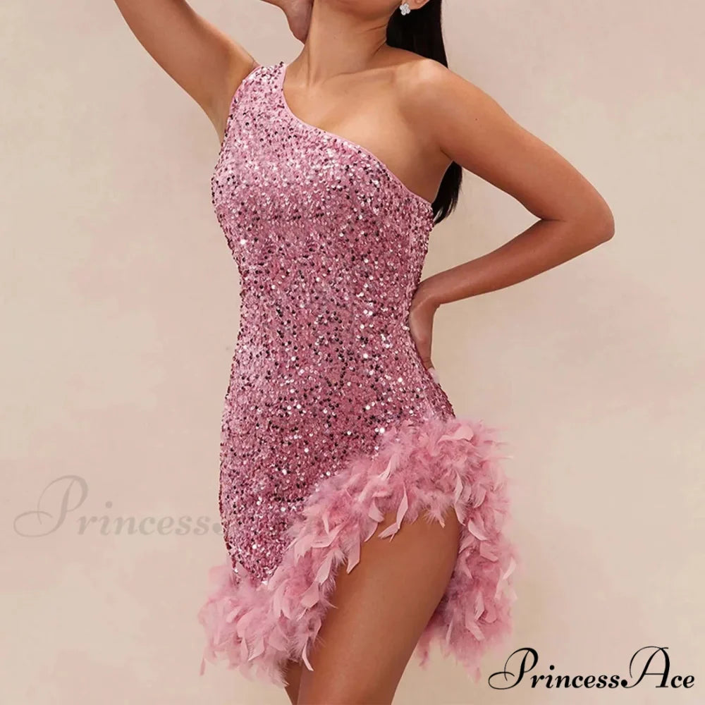 Feather Rhinestone Hollow Out Black Party Dress