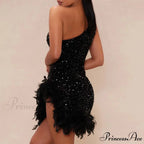Feather Rhinestone Hollow Out Black Party Dress