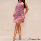 Feather Rhinestone Hollow Out Black Party Dress