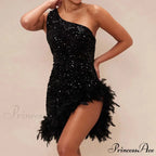 Feather Rhinestone Hollow Out Black Party Dress
