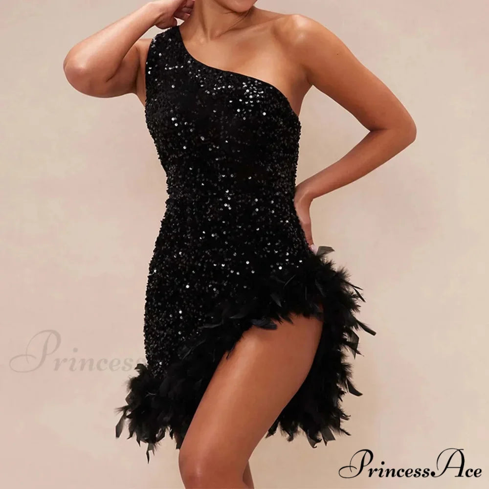 Feather Rhinestone Hollow Out Black Party Dress