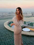 Feather Satin Off-Shoulder Party Dress