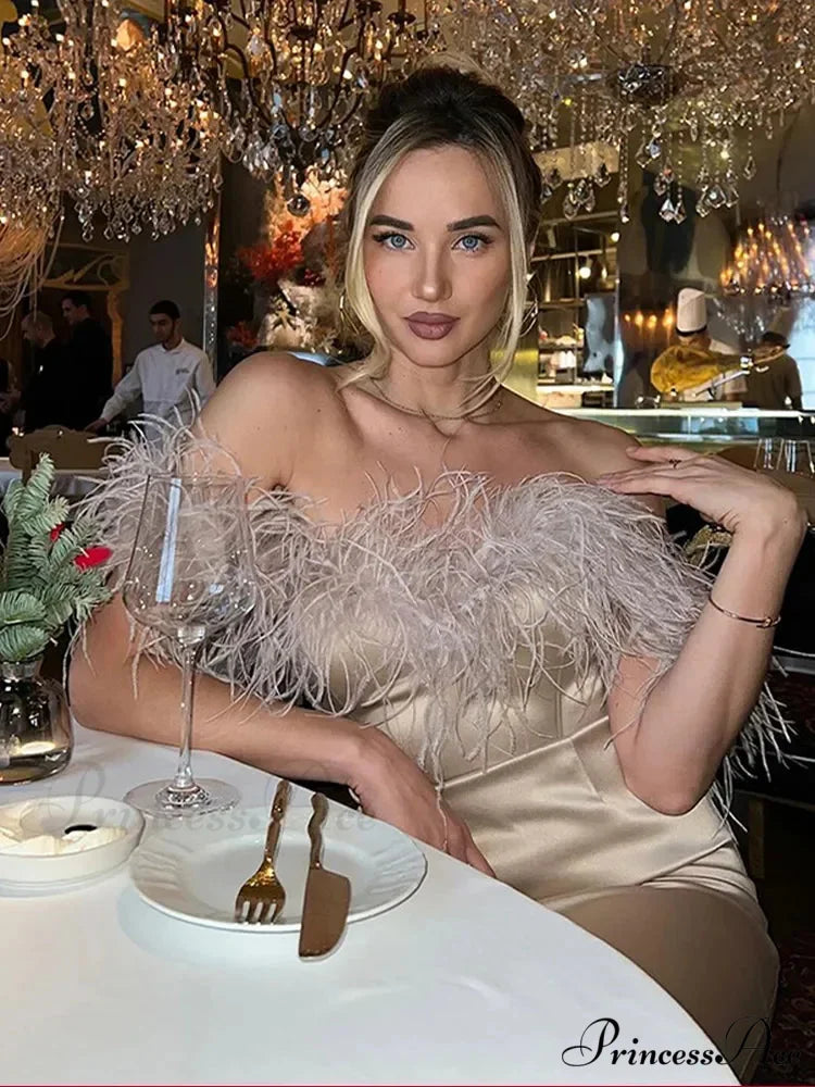 Feather Satin Off-Shoulder Party Dress