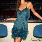 Feather Sequin Off-Shoulder Mini Party Dress