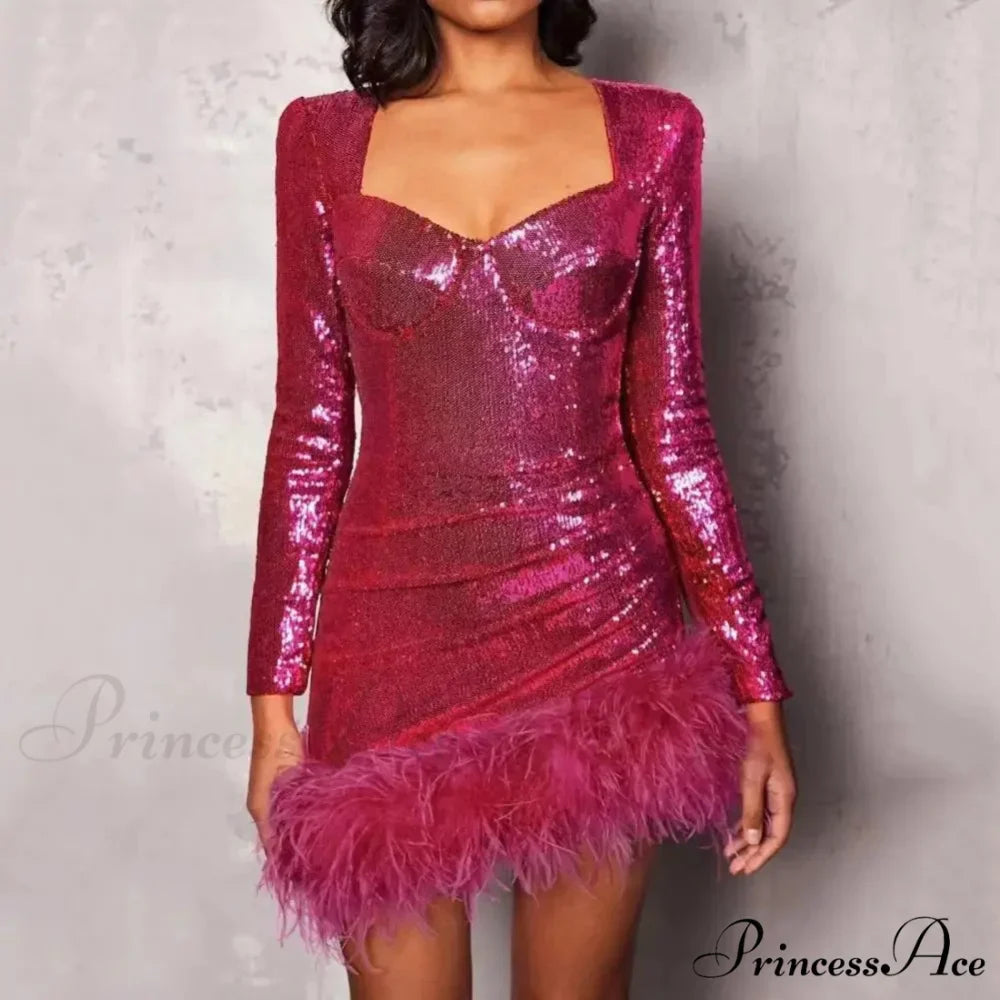 Feather Sequin Square Collar Party Dress
