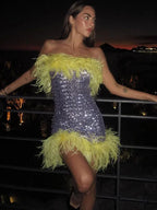 Feather Sequins Bodycon Mini Party Dress