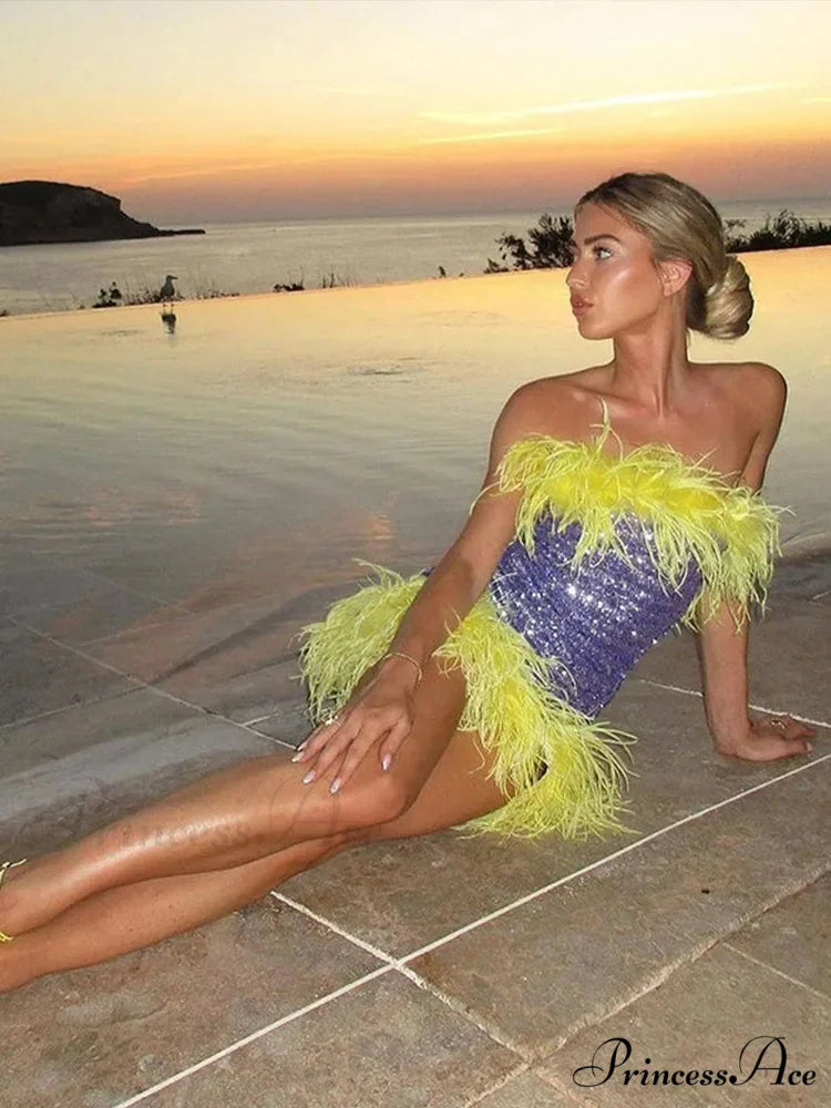 Feather Sequins Bodycon Mini Party Dress