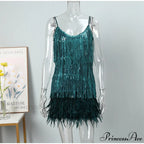 Feather Spaghetti Strap Sexy Stitching Mini Dress