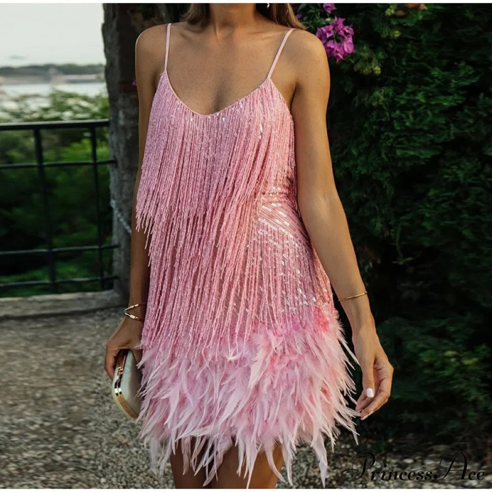 Feather Spaghetti Strap Sexy Stitching Mini Dress