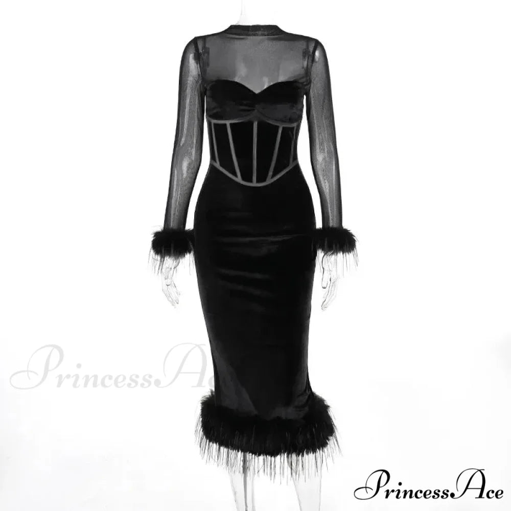 Feathered Retro Slim High Waisted Spliced Mesh Temperamental Female Midi Dress