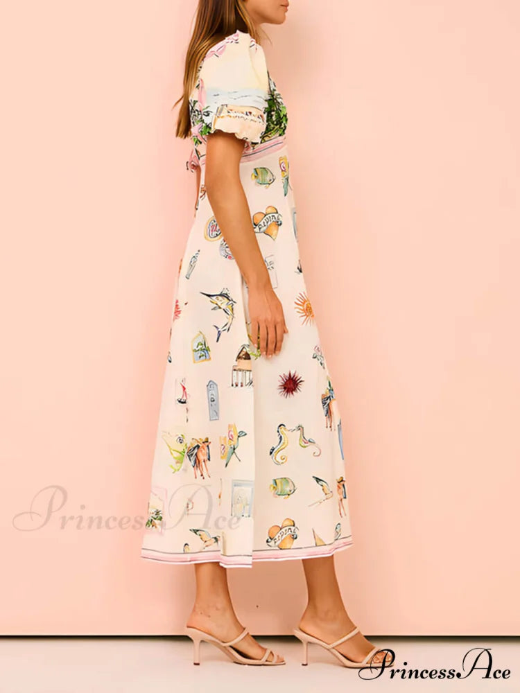 Feature Printed Ethnic Style Graceful Round Neck Midi Dress