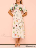 Feature Printed Ethnic Style Graceful Round Neck Midi Dress