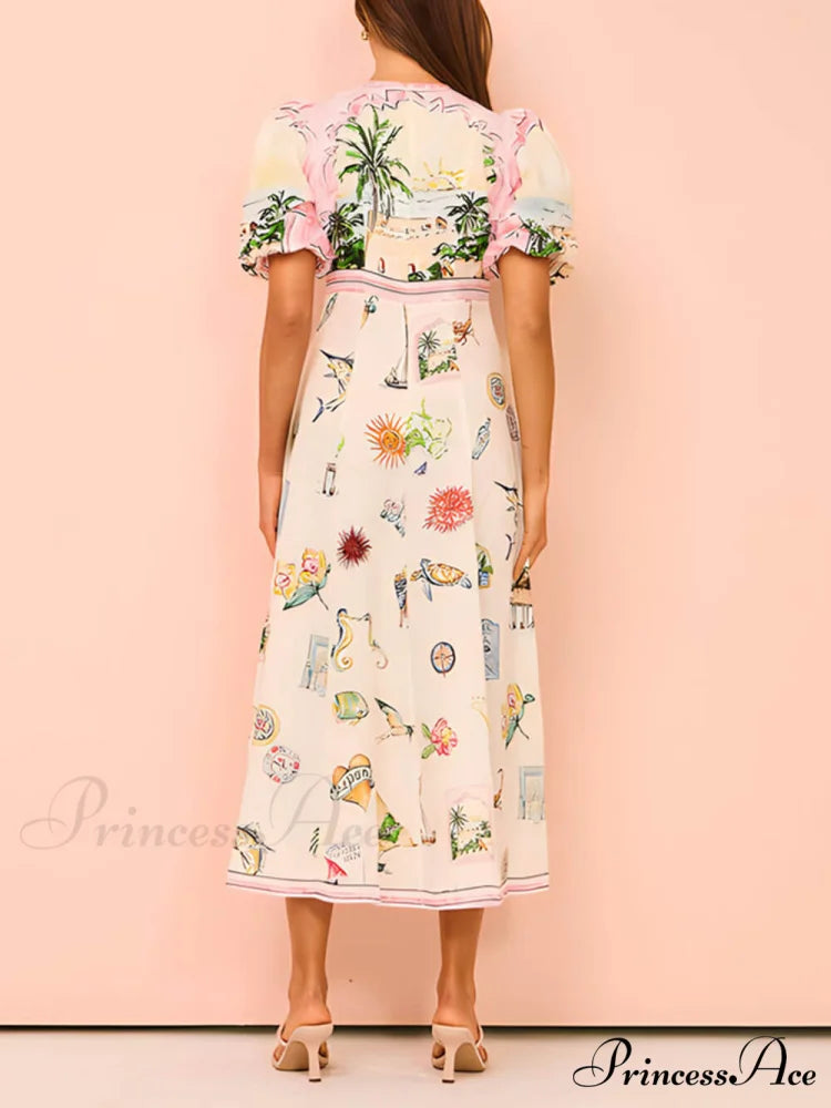 Feature Printed Ethnic Style Graceful Round Neck Midi Dress