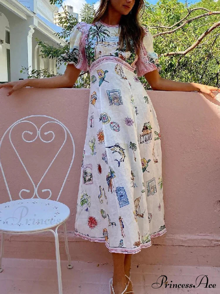 Feature Printed Ethnic Style Graceful Round Neck Midi Dress