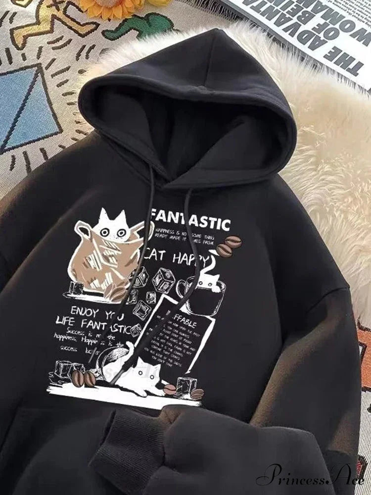Feline Cartoon Printed Pullover Hoodie