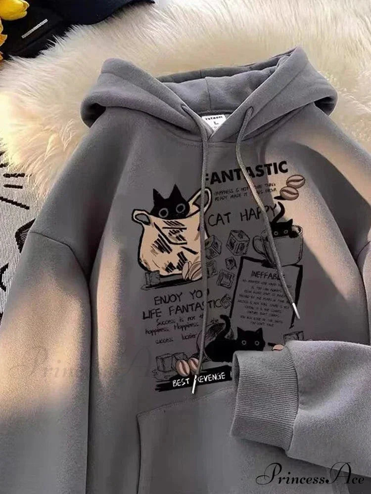 Feline Cartoon Printed Pullover Hoodie