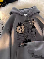 Feline Cartoon Printed Pullover Hoodie