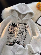 Feline Cartoon Printed Pullover Hoodie